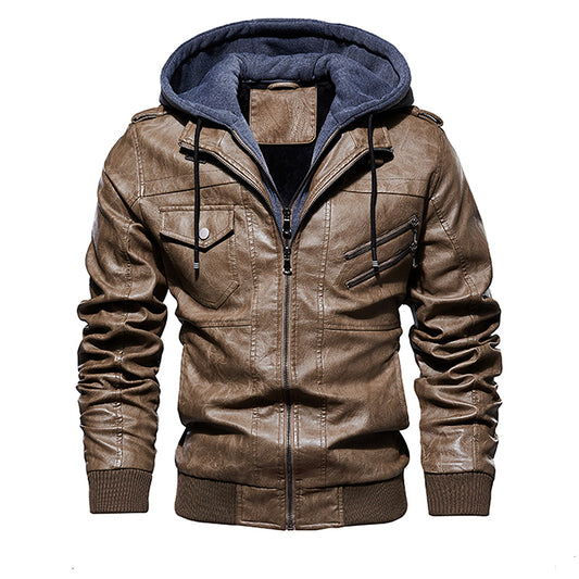 Men's Hooded Leather Jacket - Winter Moto | Lootario