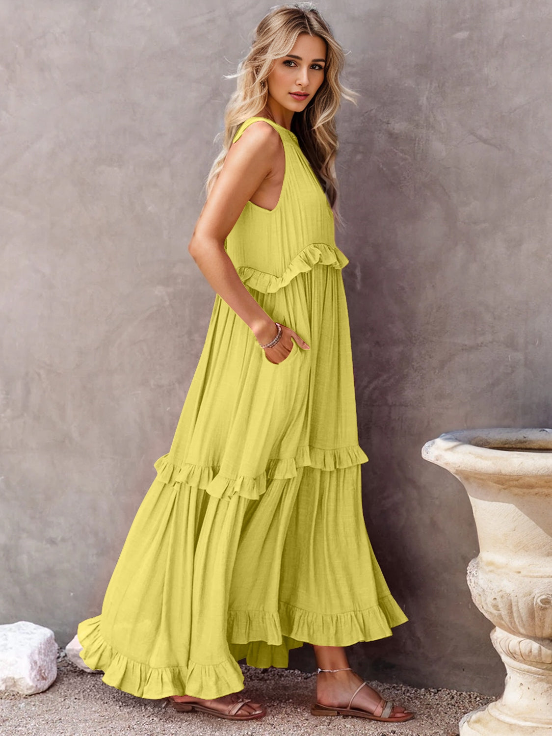 Ruffled Sleeveless Maxi Dress with Pockets | Lootario - Lootario
