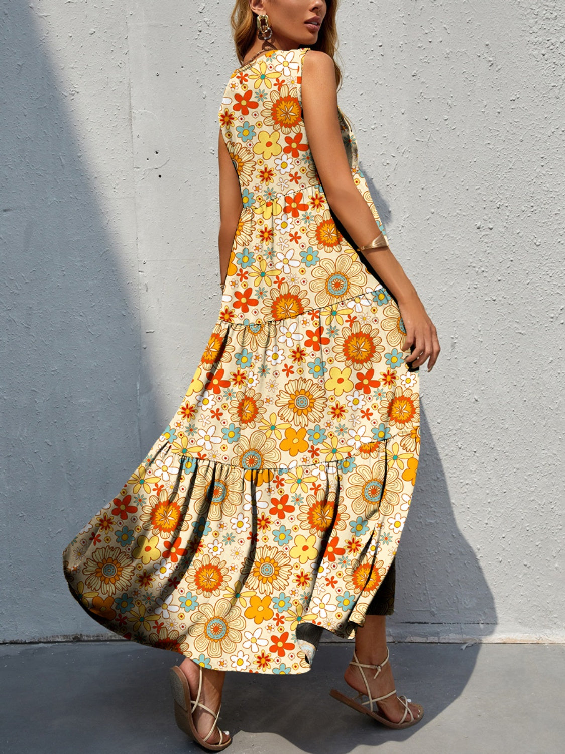 Printed V-Neck Sleeveless Dress - Tiered Shape | Lootario - Lootario