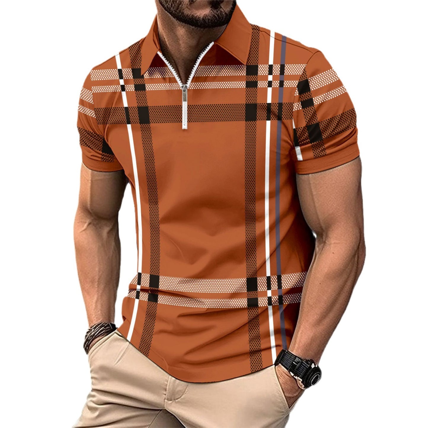 Men's Printed Plaid Striped Polo Shirt - Lootario