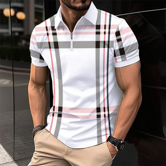 Men's Printed Plaid Striped Polo Shirt - Lootario