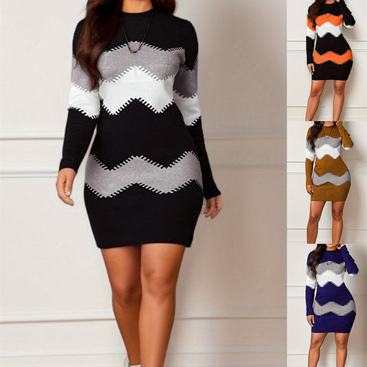 Mid-length Short Skirt Round Neck Long Sleeve Printed Knitted Sheath Dress - Lootario